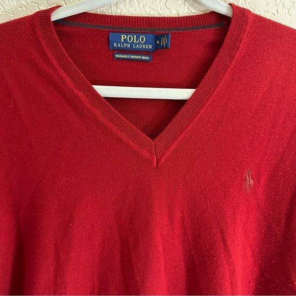 Polo‎ Ralph Lauren Mens Red Washable Merino Wool V Neck Sweater Size M - Picture 7 of 8